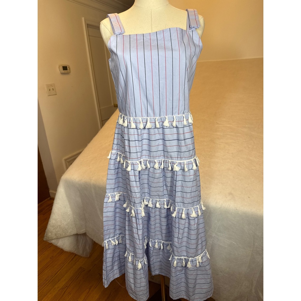 Loolous Blue Striped Tiered Tassel Midi Dress Square Neck Sleeveless Size 170